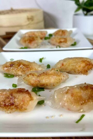 Pan fried shrimp dumplings on a white plate