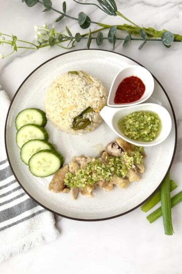 Plate of rice, chicken, ginger scallion sauce, and chili paste