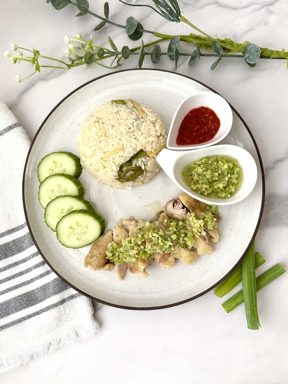 Plate of rice, chicken, ginger scallion sauce, and chili paste