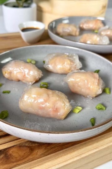 Plump juicy shrimp dumplings on a plate