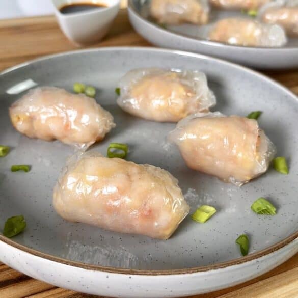 Plump juicy shrimp dumplings on a plate