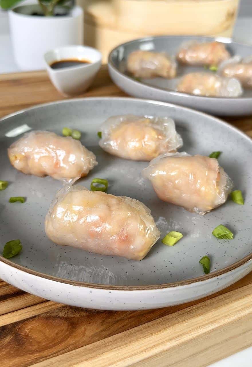 Plump juicy shrimp dumplings on a plate