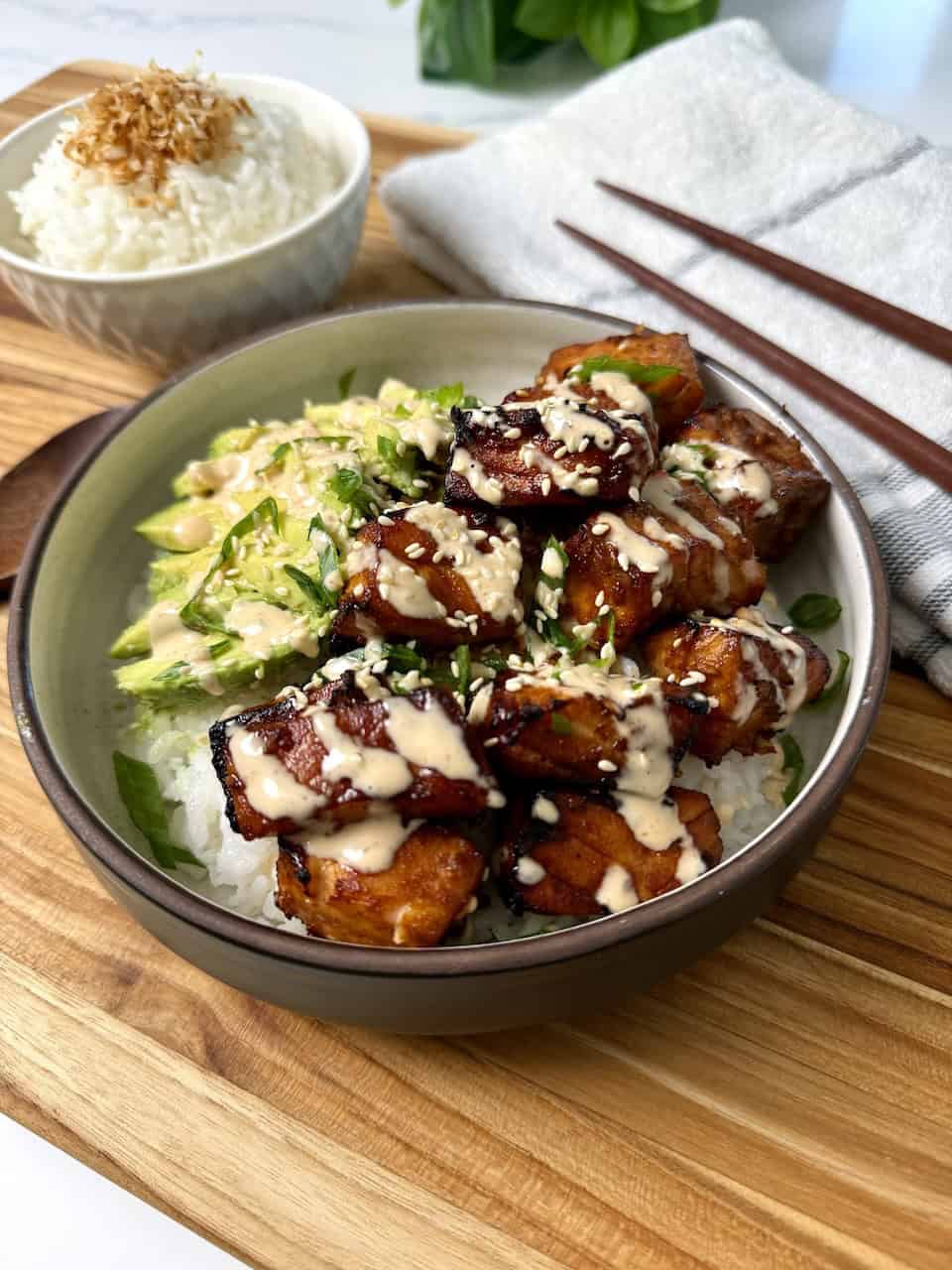 Soy Salmon Coconut Rice in a Bowl