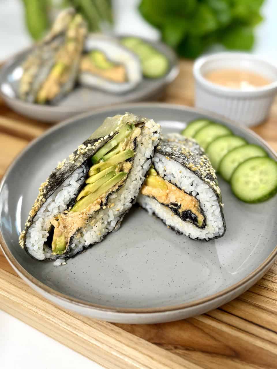 Crispy Rice Paper Onigirazu Sushi Sandwich on a plate