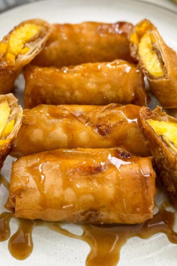Banana Lumpia (Turon) on a plate featured view