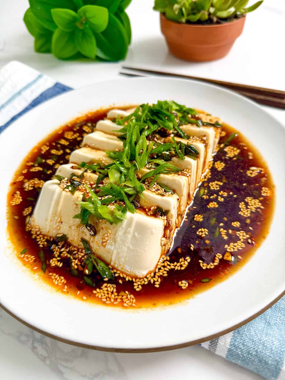 Chili Garlic Silken Tofu on a plate main view