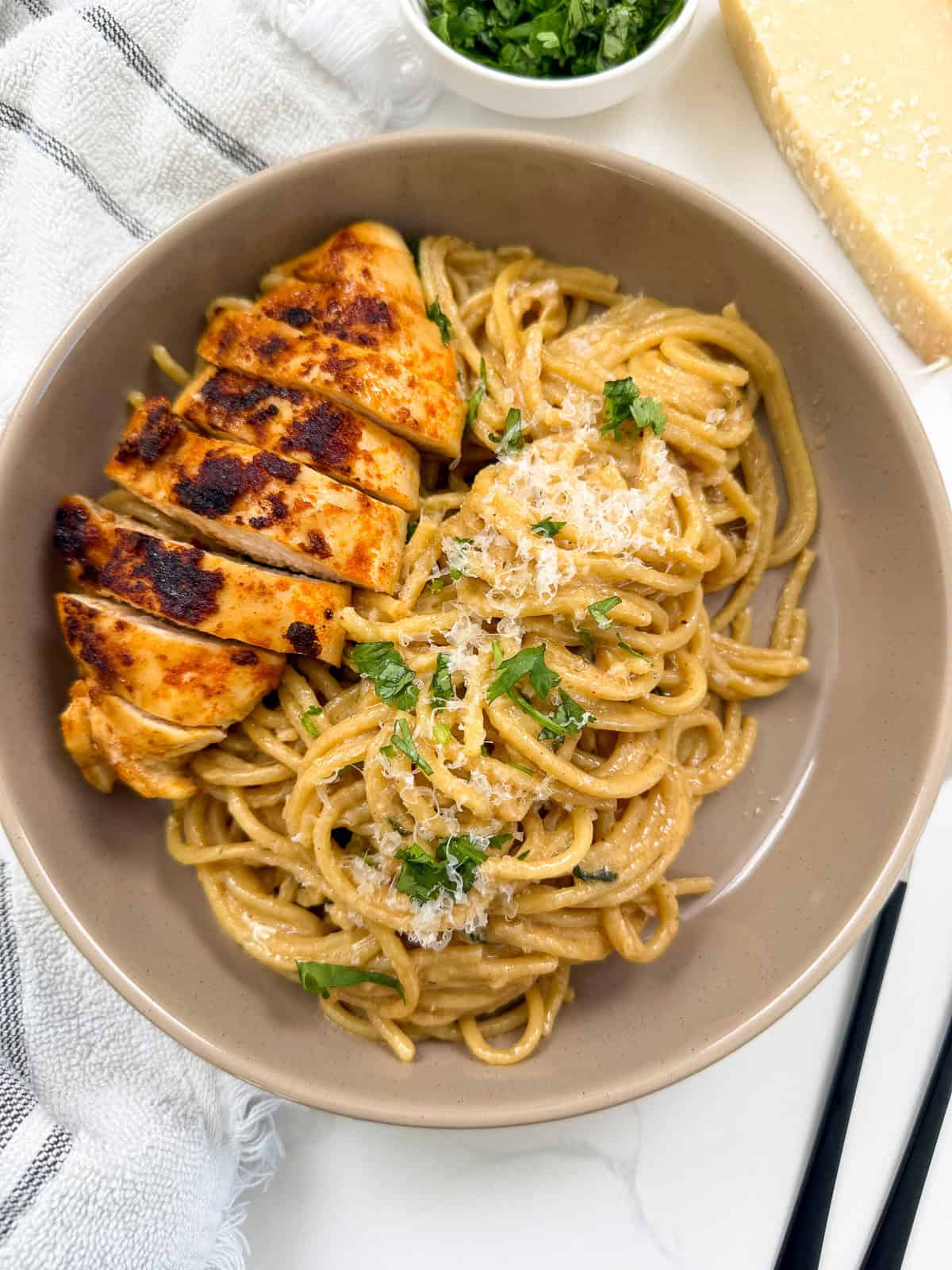 Garlic Parmesan Chicken Pasta top view