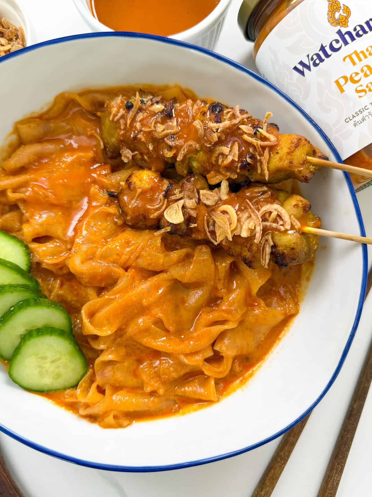 Thai Peanut Sauce Rice Paper Noodles with Chicken Satay Side Angle