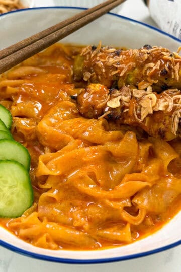 Thai Peanut Sauce Rice Paper Noodles with Chicken Satay Front Angle