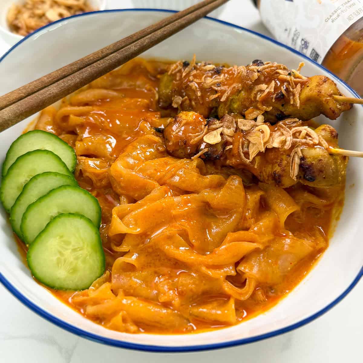 Thai Peanut Sauce Rice Paper Noodles with Chicken Satay Front Angle