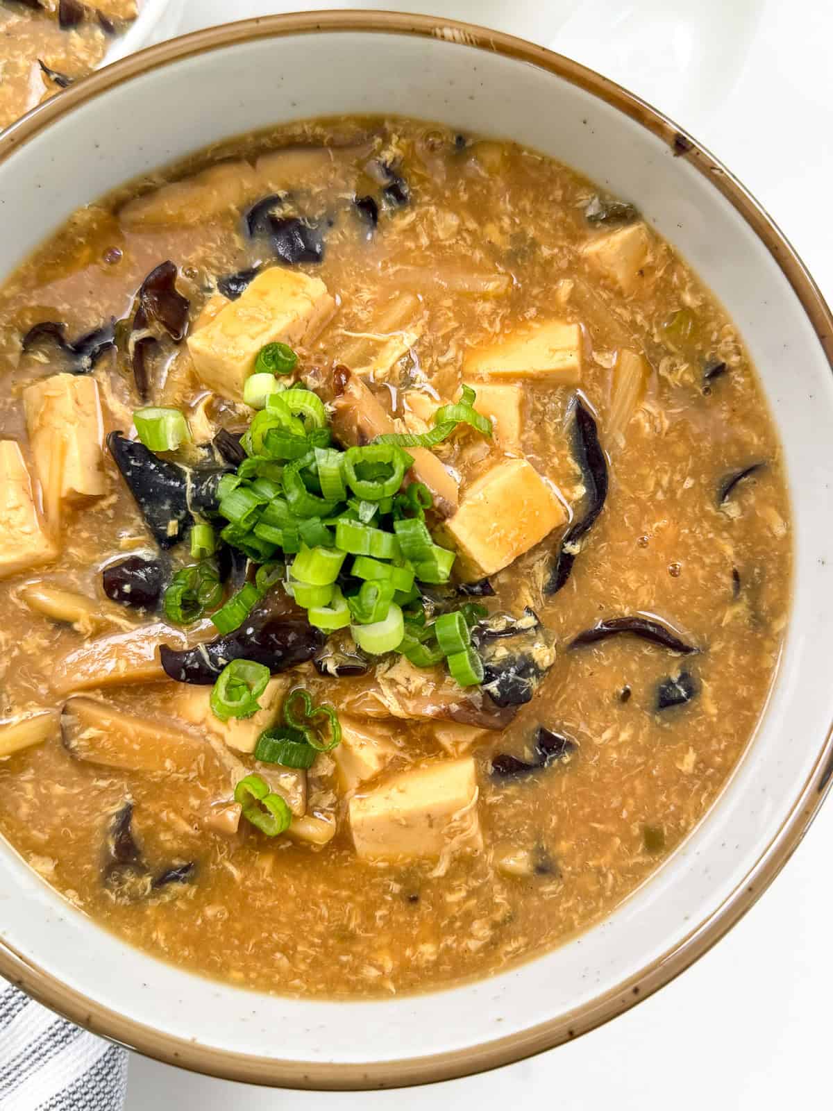 Hot and Sour Soup with green onions on top in a bowl top view