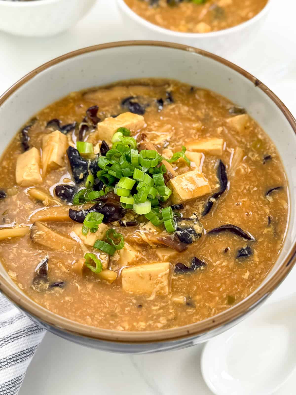 Hot and Sour Soup with green onions on top in a bowl side view