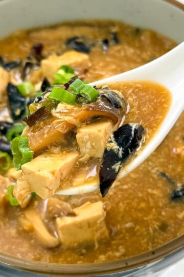 Hot and Sour Soup with green onions on top in a bowl featured view