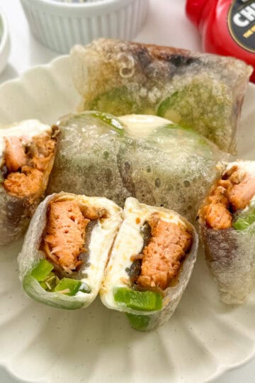 Jalapeno Salmon Cream Cheese Rice Paper Dumplings on a plate featured view