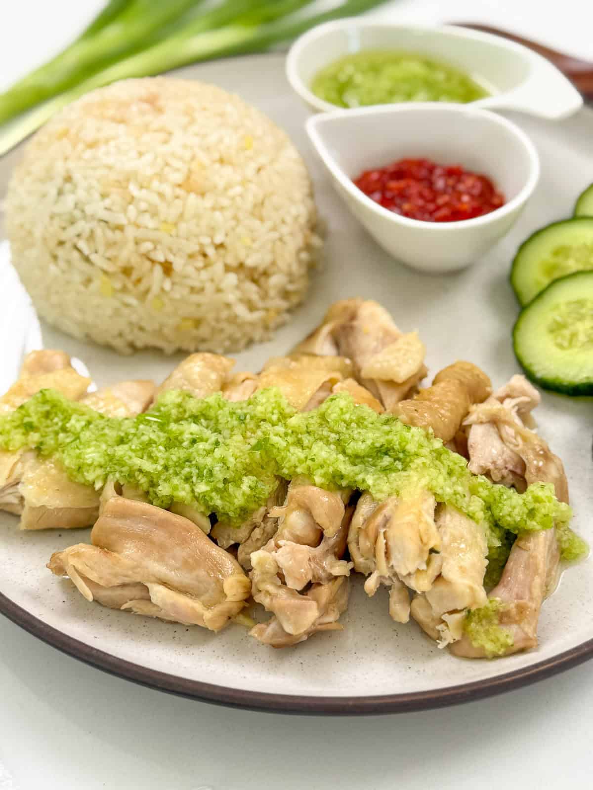 Rice Cooker Hainanese Chicken Rice with ginger scallion sauce side view