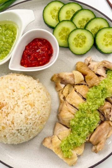 Rice Cooker Hainanese Chicken Rice with ginger scallion sauce featured view