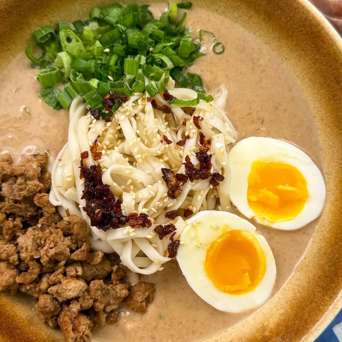 Creamy Peanut Miso Ramen with ground pork, eggs, and green onion featured view