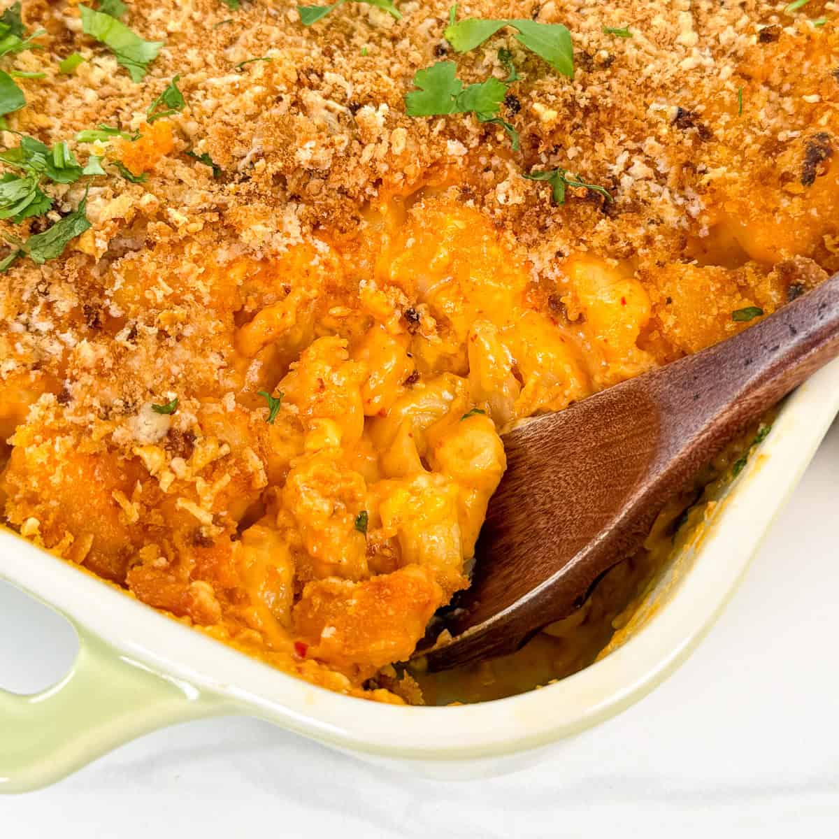 Kimchi Mac and Cheese in a casserole dish featured view