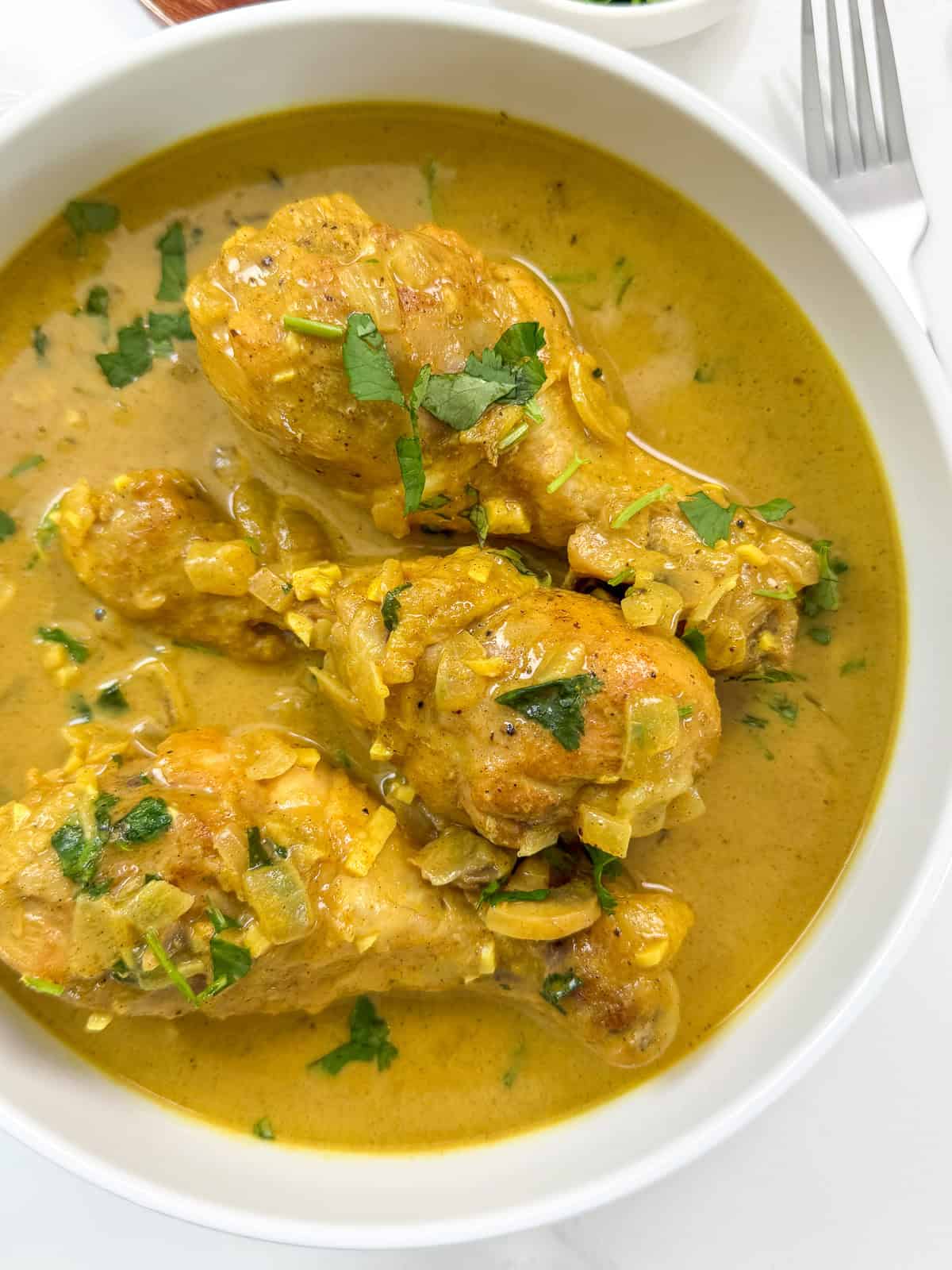 Coconut curry chicken in a bowl top down view