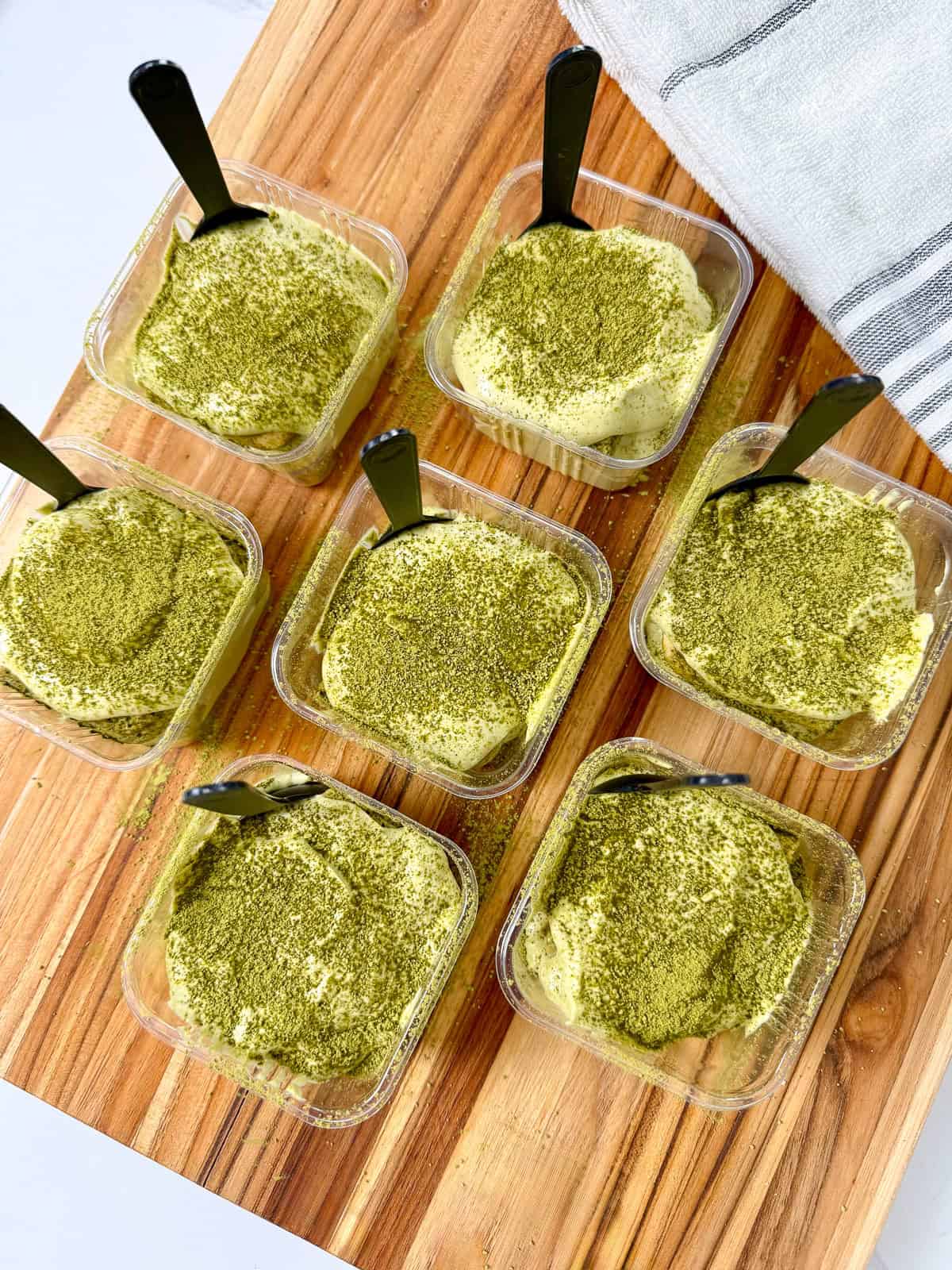 Matcha tiramisu in individual cups top down view