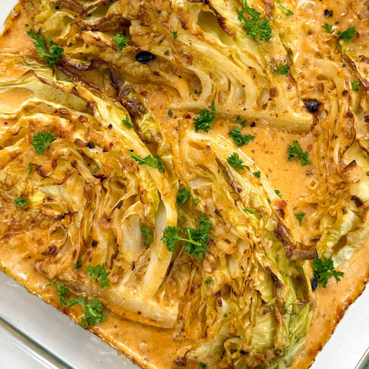 Baked cabbage wedges in a creamy, orange-colored sauce, garnished with fresh parsley, in a glass baking dish. The edges of the garlic butter melting cabbage are roasted and slightly browned.