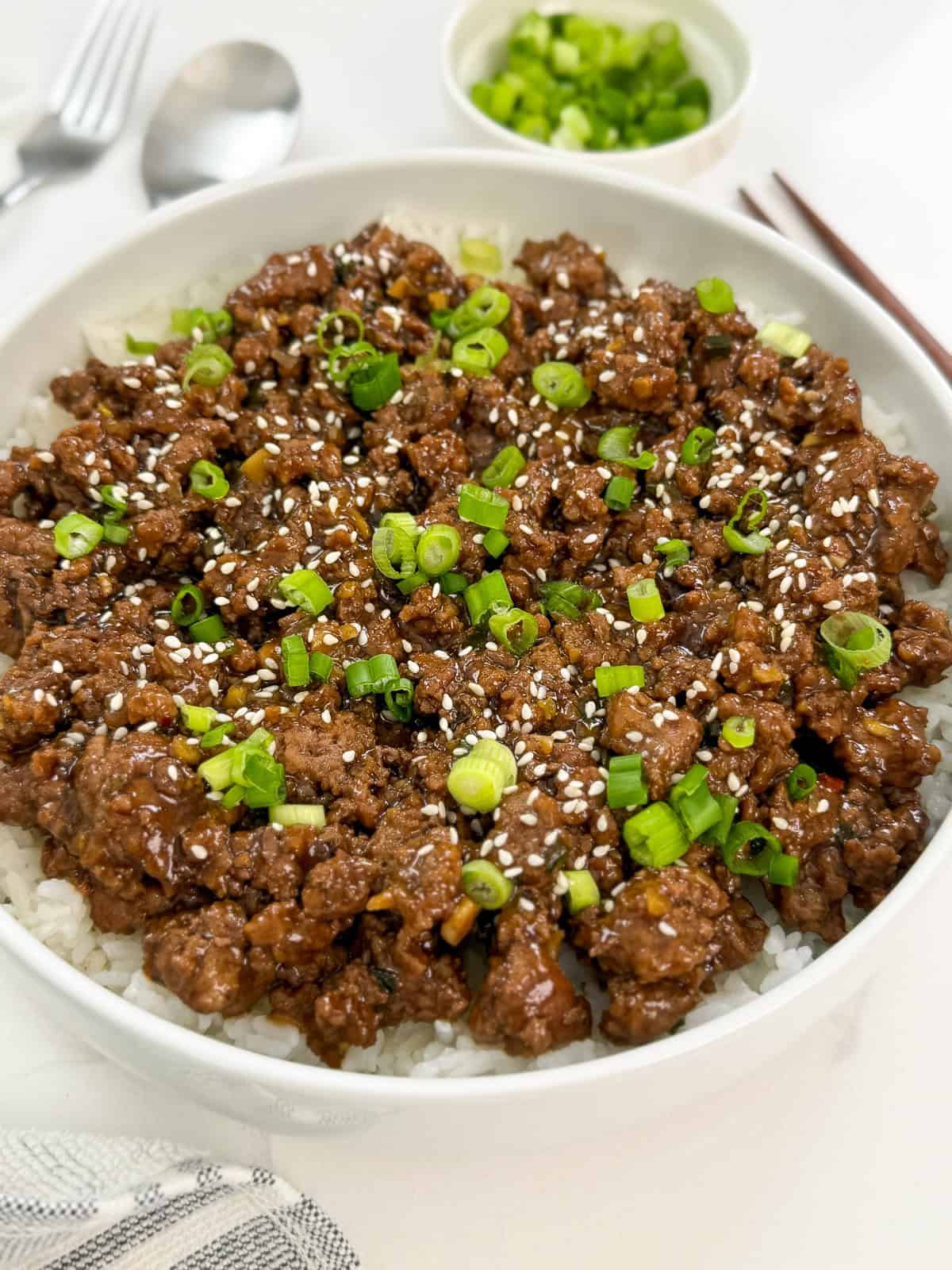 Mongolian ground beef over white rice in a large bowl side view