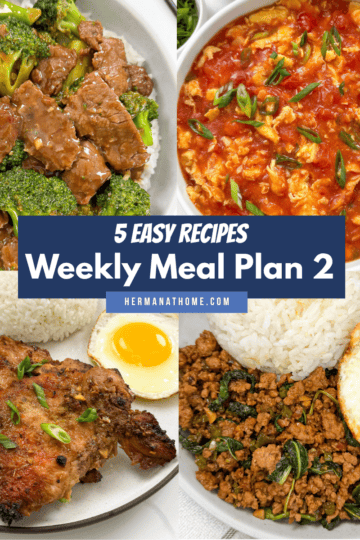 Weekly Meal Plan 2 featuring Beef and Broccoli, Chinese Tomatoes Stir Fry, Vietnamese Pork Chops, and Pad Kra Pao Stir Fry across 4 different squares on the page