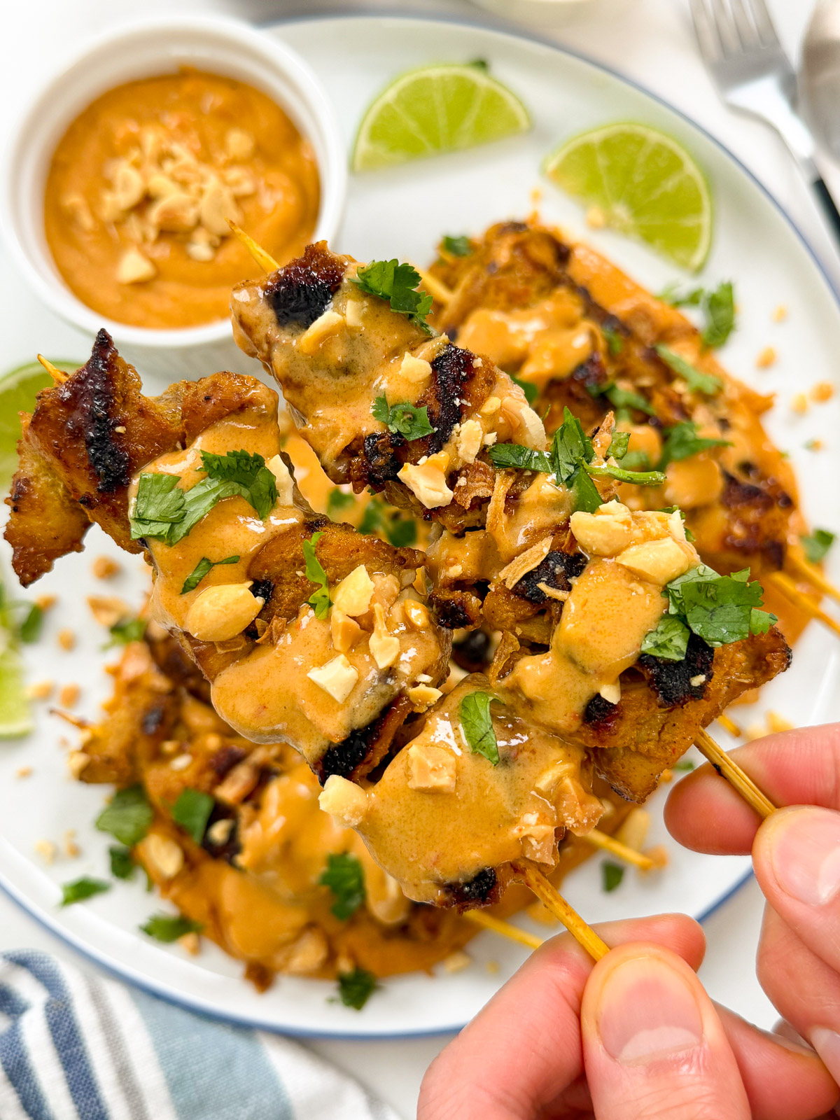 A hand holds two Thai Chicken Satay with Peanut Sauce skewers, topped with chopped peanuts and cilantro. More satay, lime wedges, and a bowl of peanut sauce are arranged on a white plate in the background.