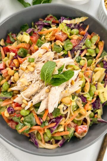 A vibrant Thai Noodle Salad with Peanut Sauce featuring shredded chicken, red cabbage, carrots, bell peppers, edamame, and peanuts, garnished with mint. Chopsticks and a bowl of peanuts sit beside this colorful dish.