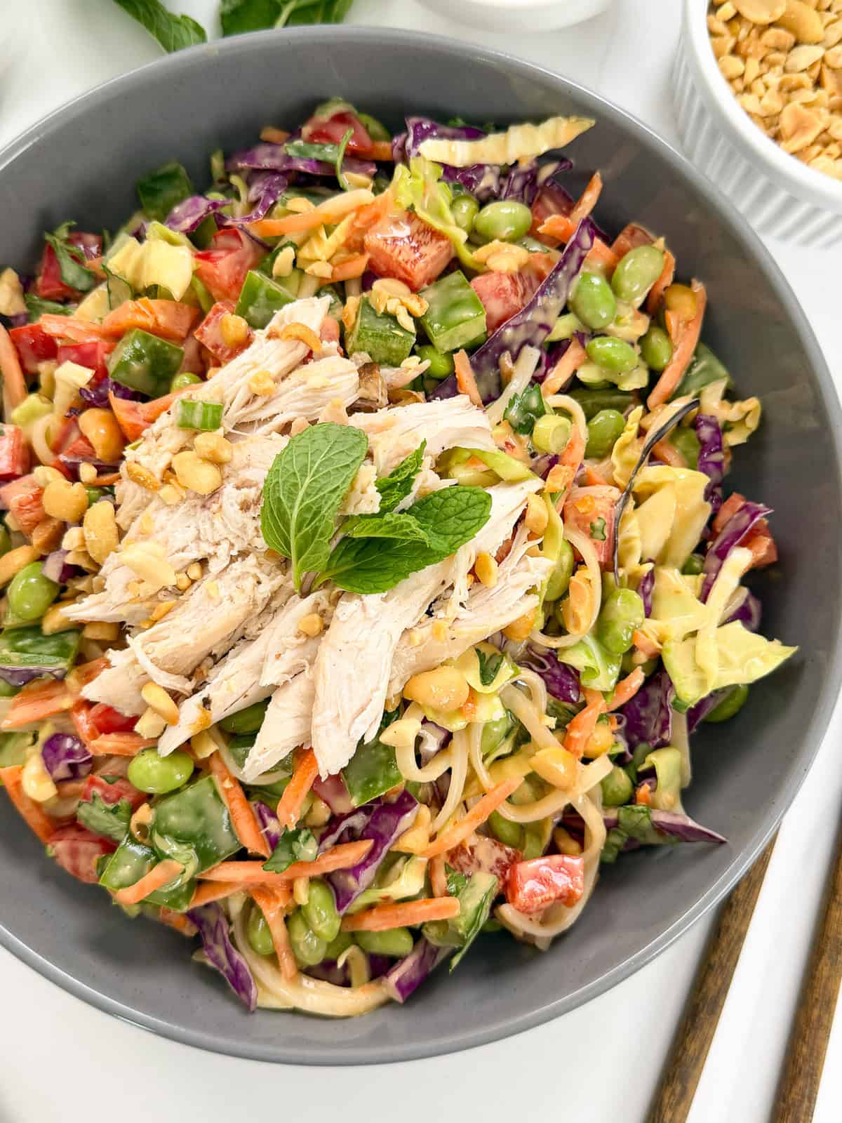A bowl of colorful Thai Noodle Salad with Peanut Dressing, featuring shredded chicken, red bell peppers, edamame, carrots, purple cabbage, peanuts, and fresh mint. The vibrant dish is served in a gray bowl.