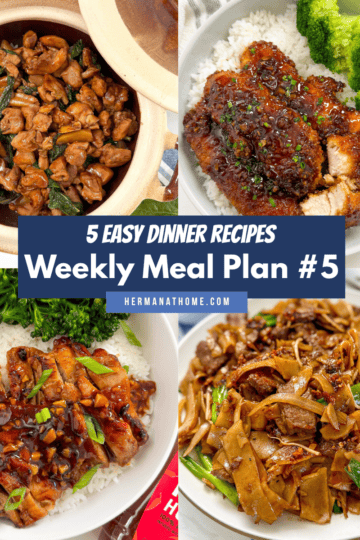 A collage of four Asian-inspired dishes over rice—chicken, pork, breaded cutlet, and wide noodles—centers around a banner reading “Weekly Meal Plan #5: 5 Easy Dinner Recipes,” from hermanathome.com.