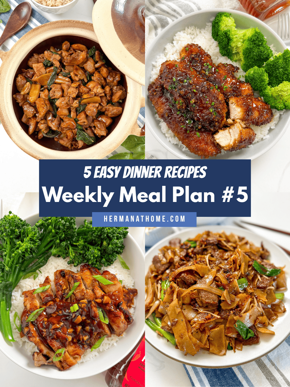 A collage of four Asian-inspired dinner dishes with rice, vegetables, and sauce, neatly plated and appetizing. "Weekly Meal Plan 5: 5 Easy Dinner Recipes" is boldly labeled at the center for easy meal planning inspiration.