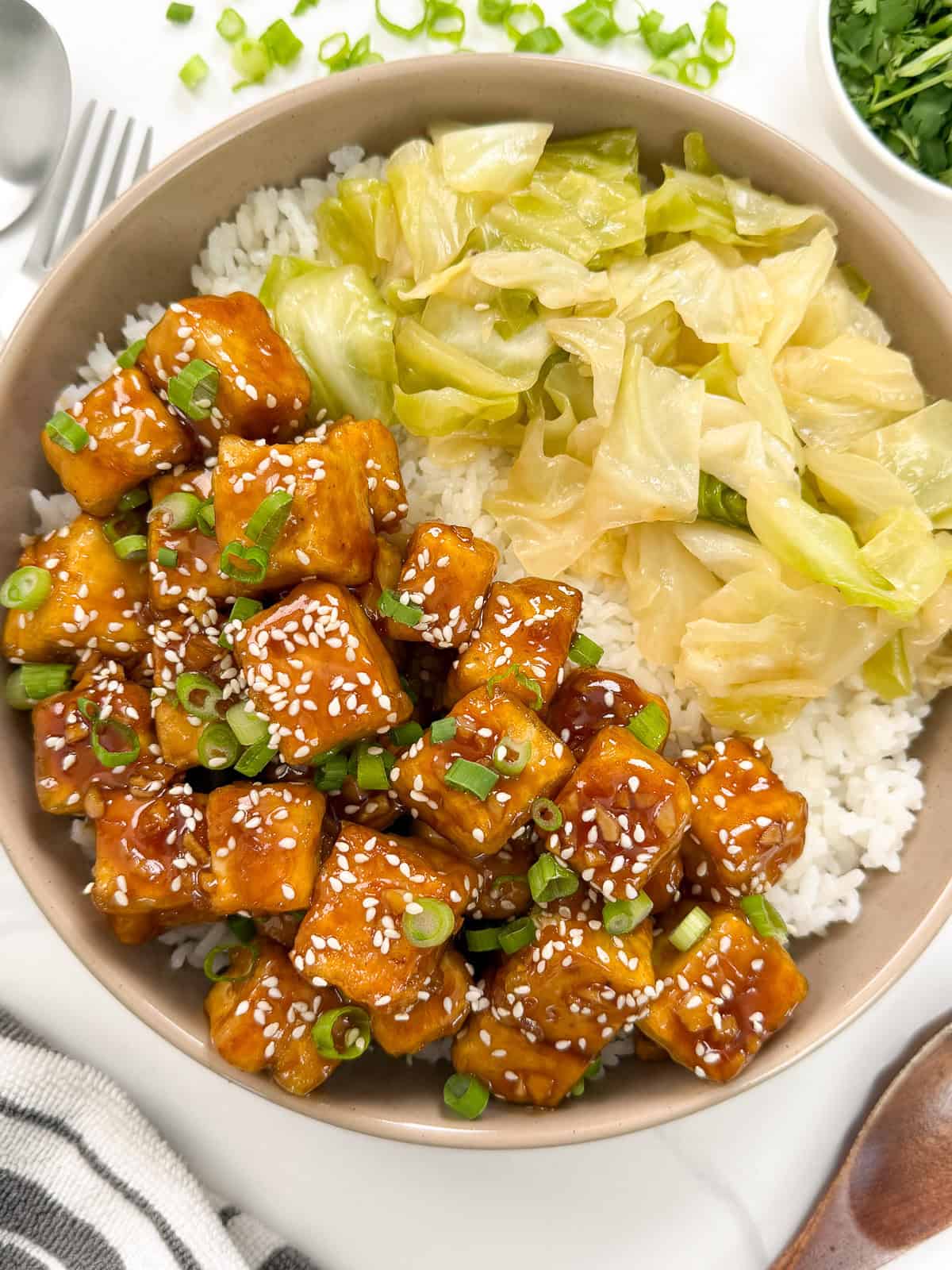 A bowl of white rice topped with Honey Butter Crispy Tofu cubes, glazed to perfection and sprinkled with sesame seeds and chopped green onions, alongside sautéed cabbage.