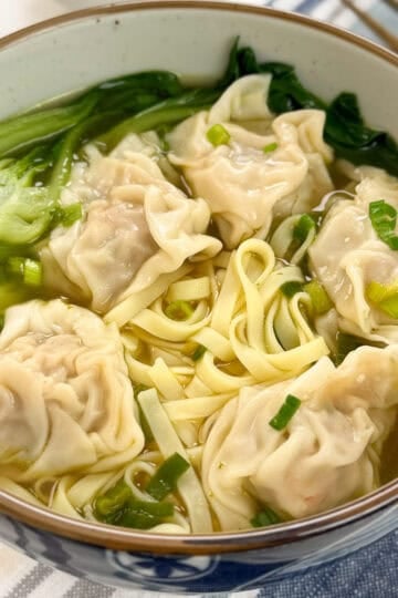 A comforting bowl of Wonton Noodle Soup with delicate dumplings, crisp bok choy, tender noodles, and chopped green onions in a clear broth, artfully placed on a striped cloth.