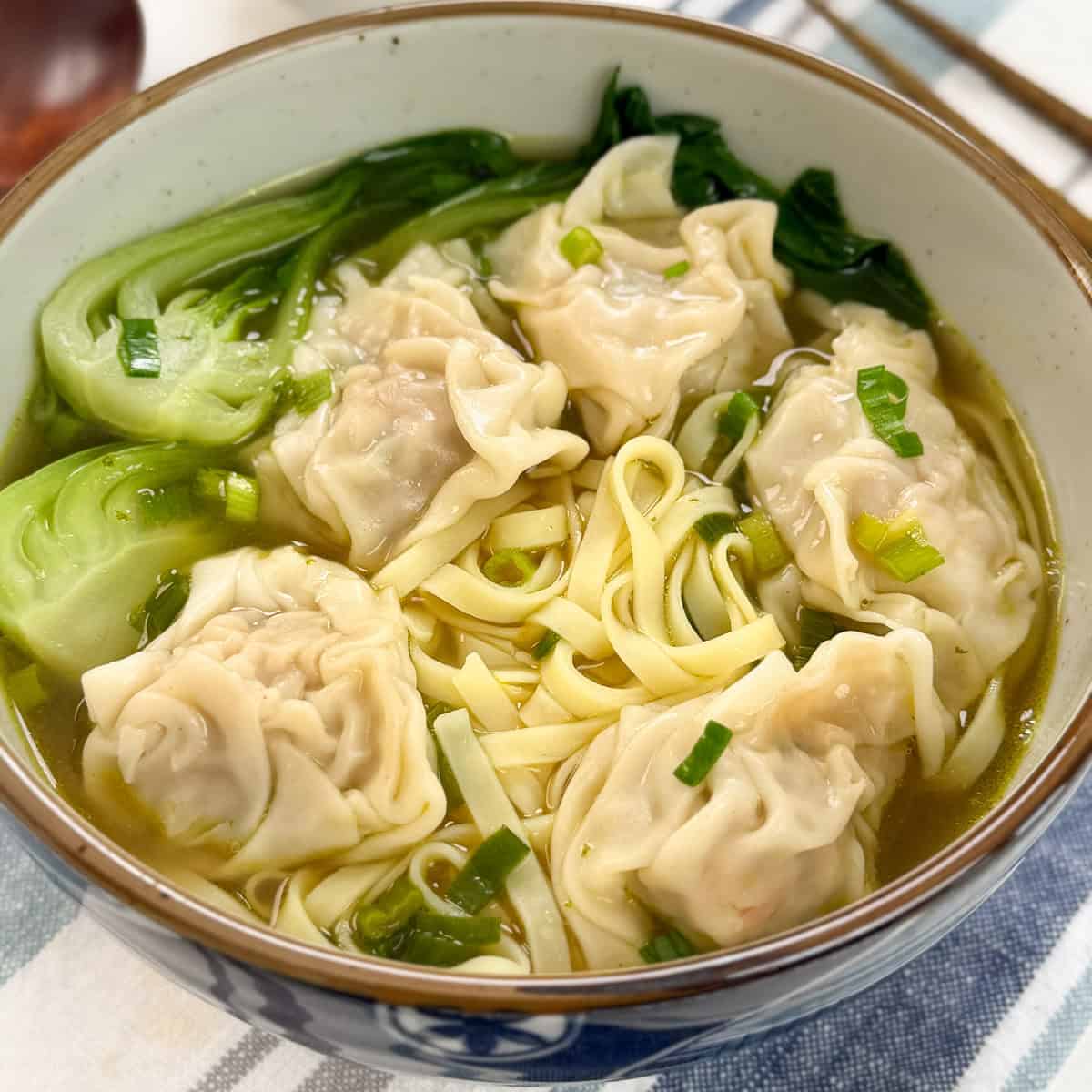 A comforting bowl of Wonton Noodle Soup with delicate dumplings, crisp bok choy, tender noodles, and chopped green onions in a clear broth, artfully placed on a striped cloth.