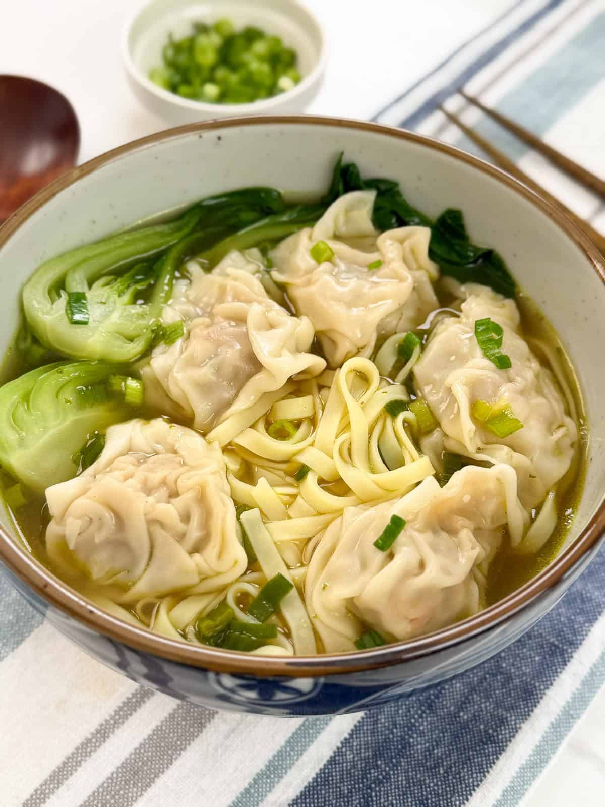 A steaming bowl of Wonton Noodle Soup with leafy greens and chopped green onions sits atop a striped cloth, accompanied by a small bowl of sliced green onions in the background.