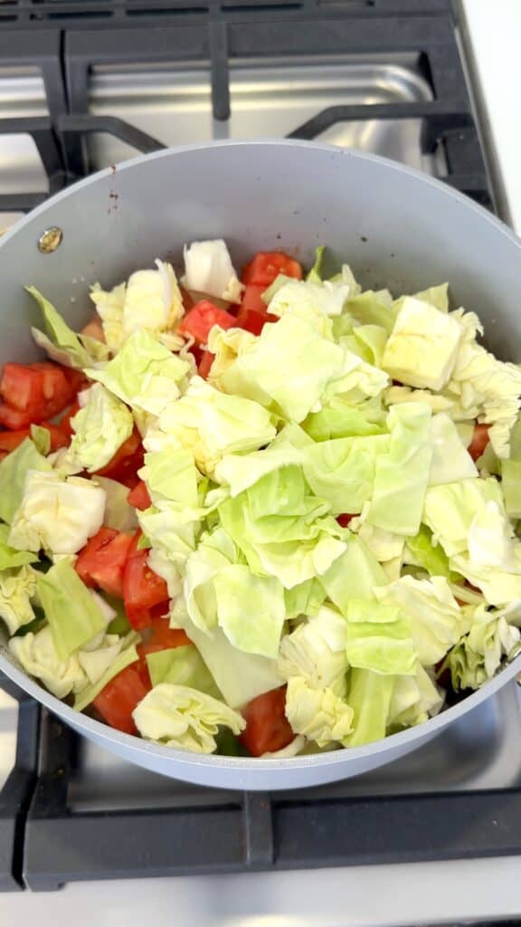 Chopped cabbage and diced tomatoes in a grey pot on a stovetop.