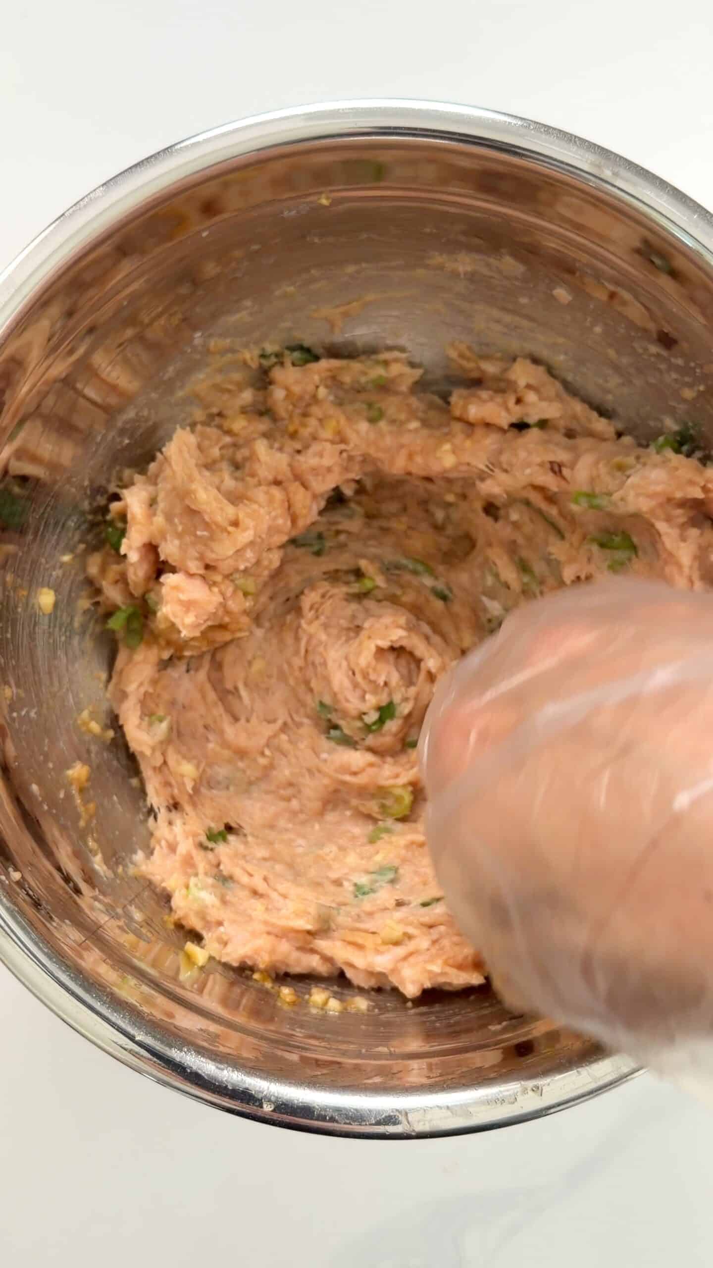 A hand wearing a clear plastic glove mixes ground meat and herbs in a stainless steel bowl.